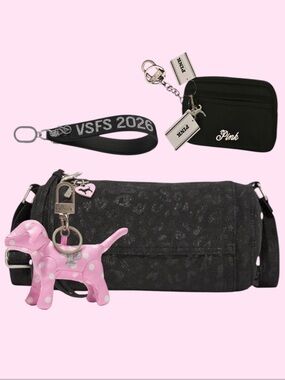 PINK CANVAS ROLLED BLACK LEOPARD DUFFLE SHOULDER BAG 4 piece BUNDLE
